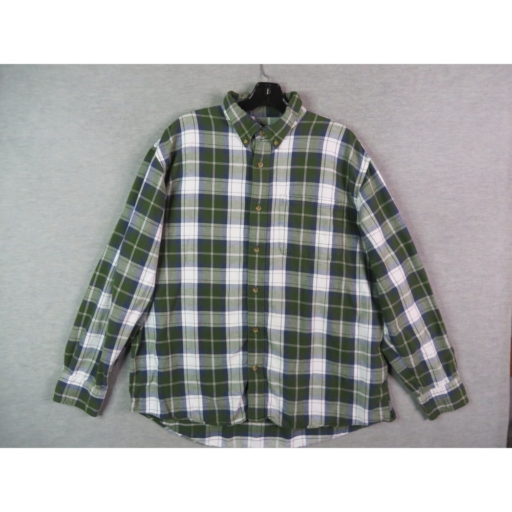 Cabelas Mens Shirt XL Green Plaid Flannel Button Up Outdoor Hiking Gorp‎ Fall
